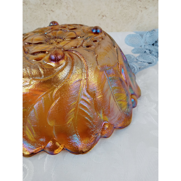 Indiana Glass Flower & Leaf Marigold Carnival Scalloped Footed Serving Bowl 9" - Picture 11 of 12